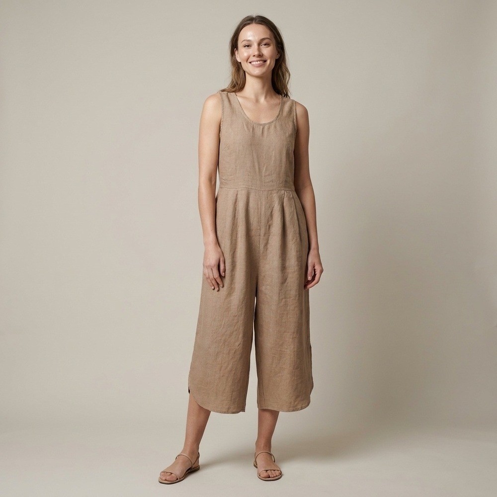 Filosofia Womens Brown 100% Linen Wide Leg Sleeveless Jumpsuit Made in USA Sz M